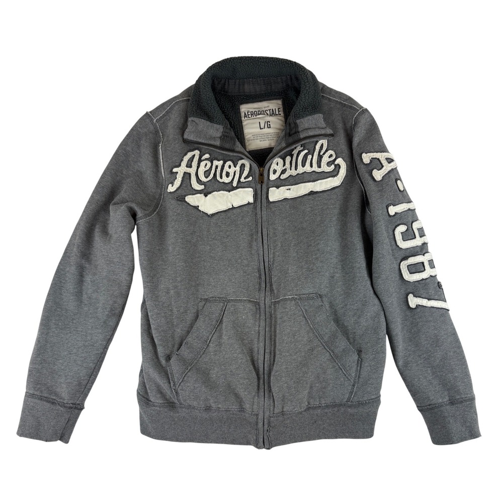 Aeropostale Full Zip Sweatshirt Mens Large Gray‎ Sherpa Neck Applique A-1987